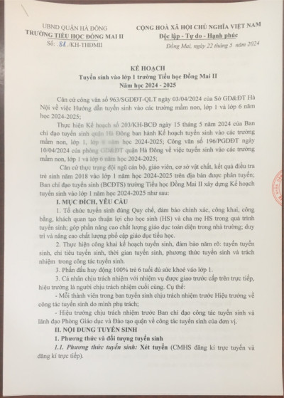 Kế hoạch tuyển sinh vào lớp 1 trường Tiểu học Đồng Mai II năm học 2024-2025